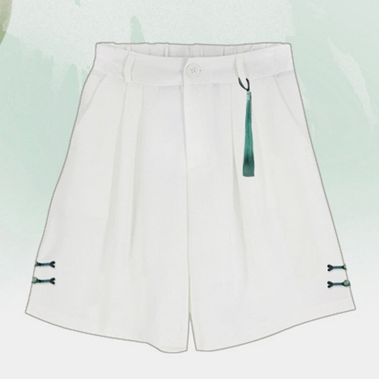 White High Waist Knot Button Detail Shorts with Detachable Tassel Charm