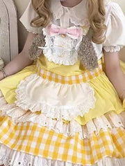 Yellow Gingham Sweet Lolita Overall Dress with Puppy Ear Design and Apron Detail