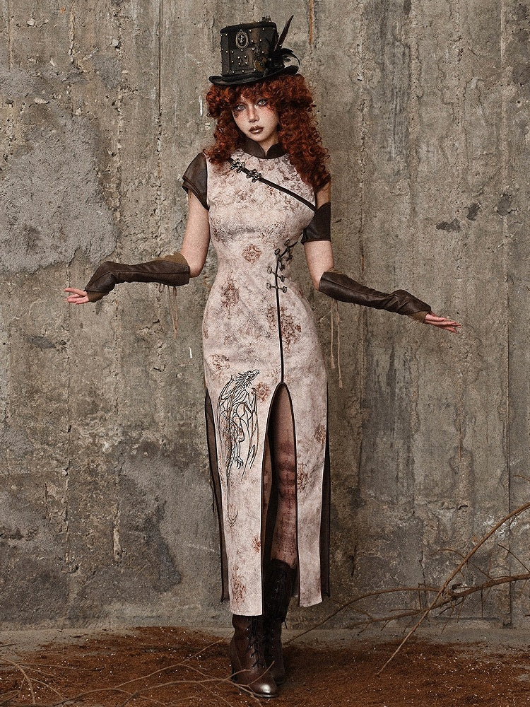 Steampunk Inspired Asymmetrical Sleeves Dragon Embroidery Qipao