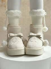 White Sweet Lolita Platform Snow Boots - Pompom Accented Bow with Kitten Embroidery & Plush Lining