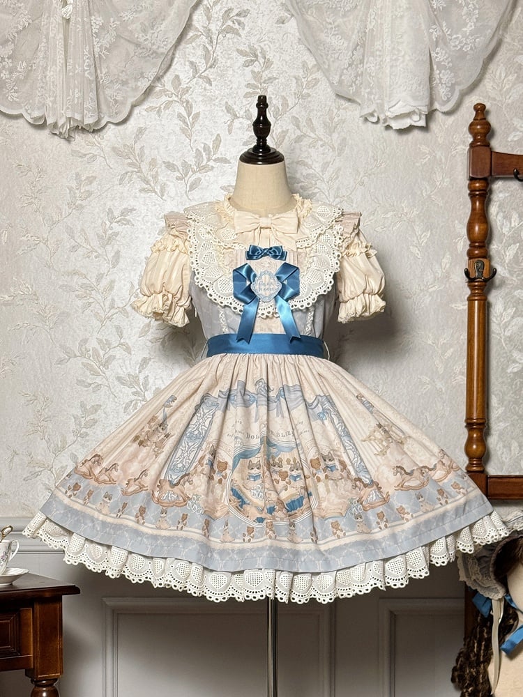 Kitty and Teddy Print Blue Sweet Lolita Jumper Skirt
