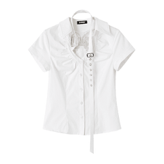 Y2K White Buckle Strap Neckline Butterfly Cutout Detail Back Shirt