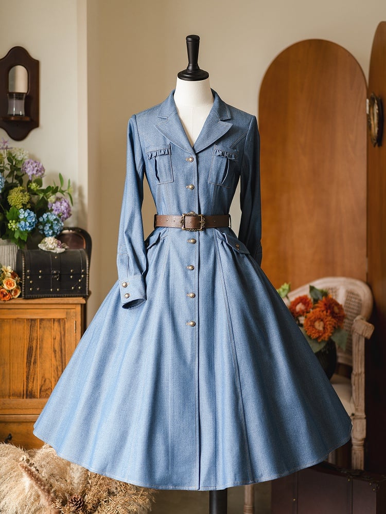 Retro-Style Elegant Long Sleeves Denim Dress with Brown Belt