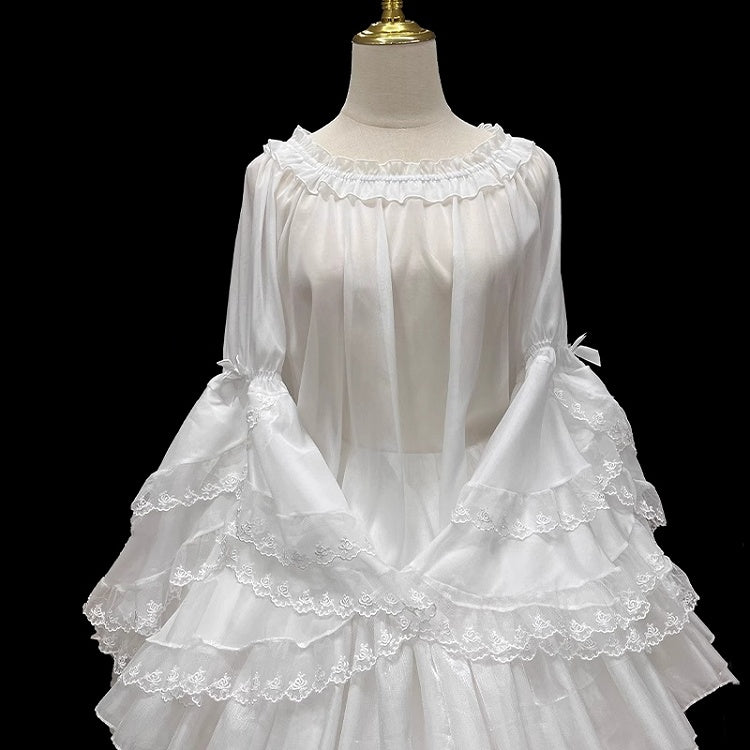 White Elastic Neckline Layered Lace Cuffs Bell Sleeves Blouse