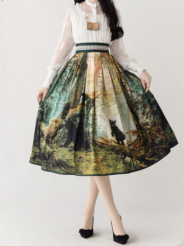 Vintage Pine Forest Oil Painting Print 77/85cm Length Skirt