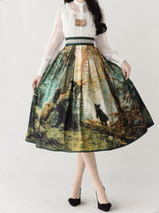 Vintage Pine Forest Oil Painting Print 77/85cm Length Skirt