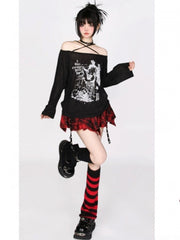 Y2K Red Plaid Mini Skirt - Tiered Skirt with Drooping Belt Accents