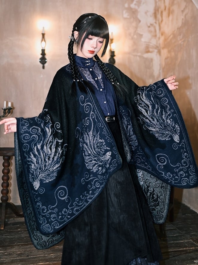 Navy Gothic Shawl with Koi Fish Print