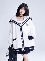 White Sailor-Collar Knit Cardigan with Blue Distressed Hem & & Embroidered Crest
