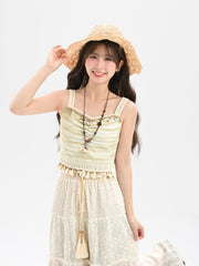 Tassel Hem Shell Charm Green Slim-fitting Cami Top