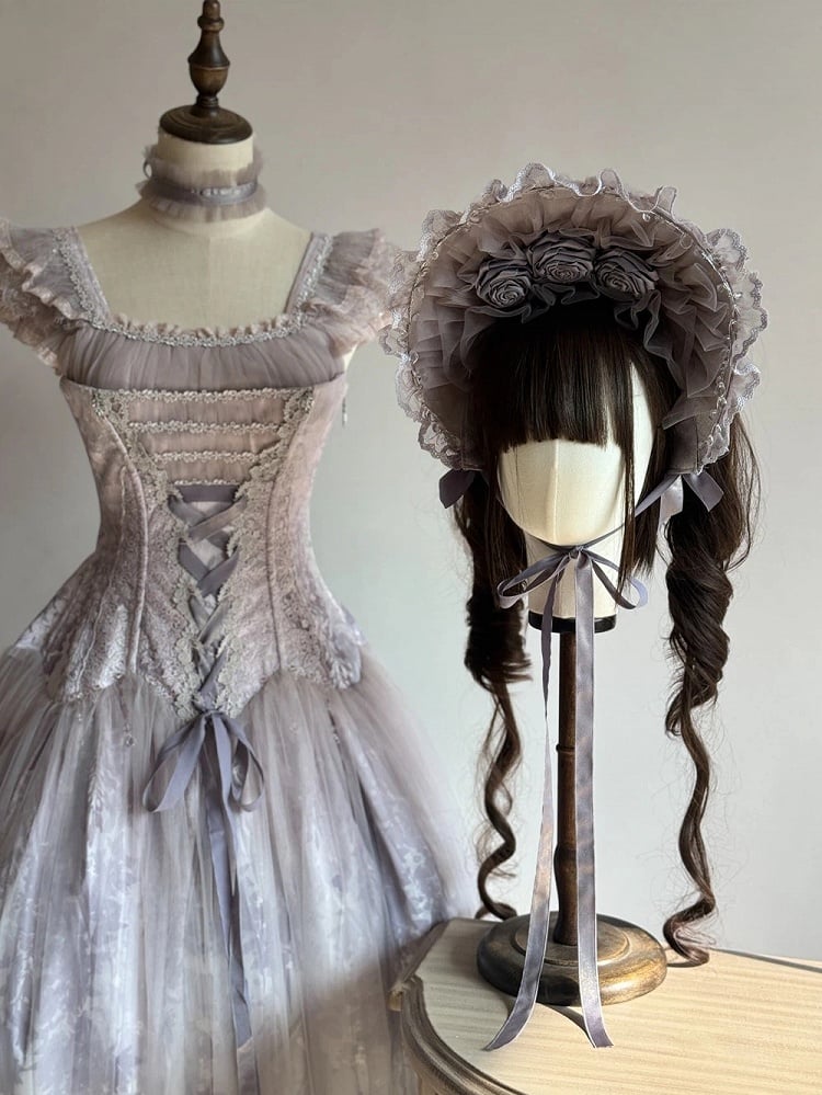 Wisteria Purple Classic Lolita Bonnet (Rose & Ruffle Details)