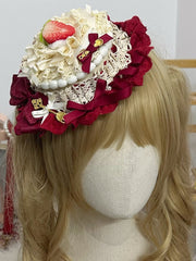 Sweet Lolita Red & White Strawberry Lace Mini Hat With Clips