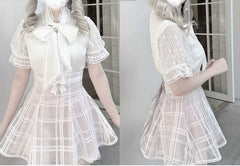 Jirai Kei Pink Plaid Organza Skirt with Lace-up Back