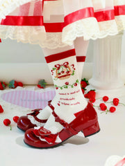 Red&White Lolita Strawberry and Flower Basket Pattern Cotton Socks