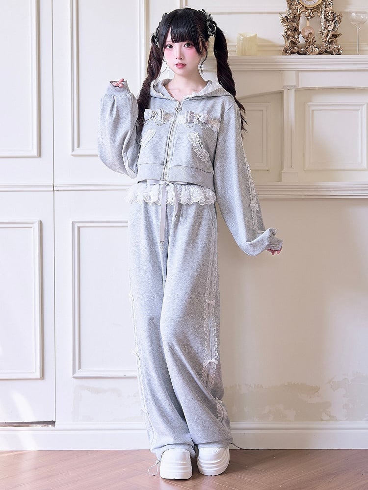 Sweet Sporty Jirai Kei Set: Gray Hoodie with White Lace Details/ Layered Skirt/ Elastic Waist Pants