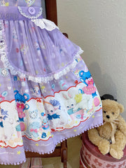 Lamb and Bear Print Purple Short Sleeves Sweet Lolita Peter Pan Collar Dress