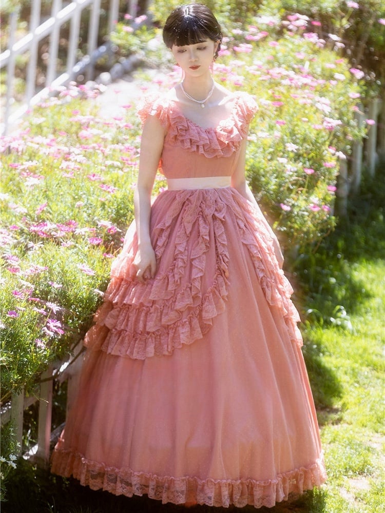 Wine Red/Pink Vintage Lace Ruffle Trim Off-the-shoulder Neckline  Dress