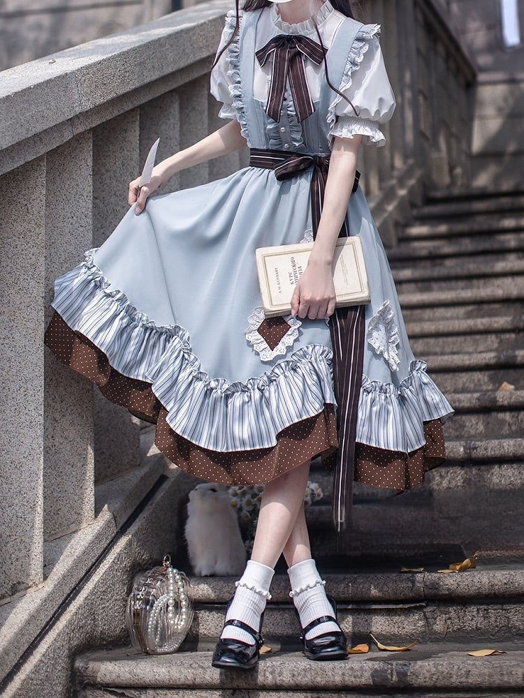 Alice in Wonderland Vibes Sweet Lolita Jumper Skirt in Blue with Diamond Appliques