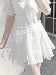 Jirai Kei White Plaid Organza Skirt with Back Lace-up Detail