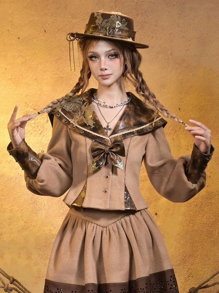 Steampunk Khaki Top with Brown PU Sailor Collar & Embroidered Lace Applique