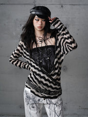 Vintage Black & White Striped Knit Top & Bustier Set with Deconstructed Design & Faux Fur