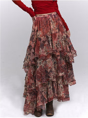 Vintage Red Tiered Skirt - Floral Print & Asymmetrical Hem