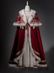 Beige Nun Lolita Juliette Sleeves Dress + Shimmer Red Embroidered Royal Cloak + Rope Accessory