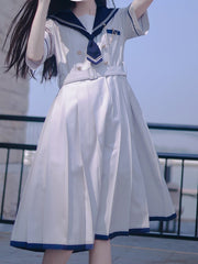 Navycore Light Gray Sailor Collar Dress with Short Sleeves & Box Pleat