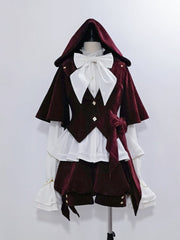 Wine Red Ouji Lolita Velvet Jacket with Oversized Bunny Ears Hood