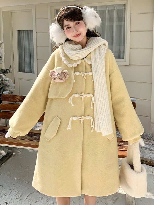Yellow Long Coat with Peter Pan Collar and Plush Trim