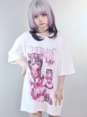 White Jirai Kei Cartoon Girl Print Round Neck Oversized  T-shirt