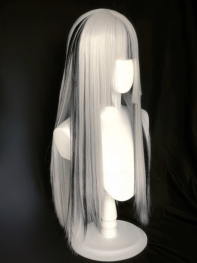 Silver And Black Highlight 80CM Length Hime Cut Straight Wig With Full Bangs