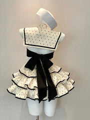 Creamy White and Black Polka Dots Pattern Strapless Dress with Detachable Sailor Collar