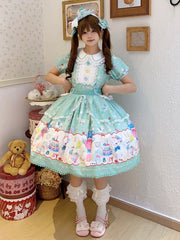 Lamb and Bunny Print Green Short Sleeves Sweet Lolita Peter Pan Collar Dress
