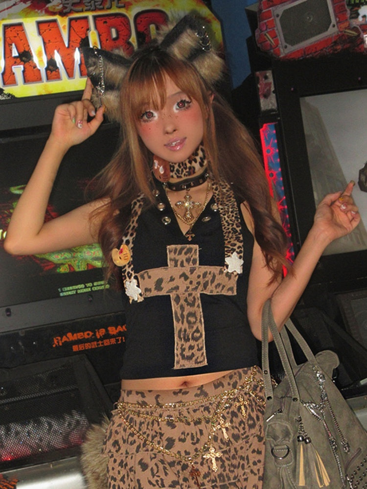 Y2K Black Leopard Cross Applique Hooded Tank Top