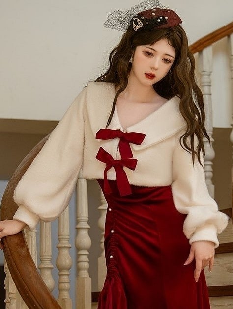 White V-Neck Lolita Coat with Red Bowknots