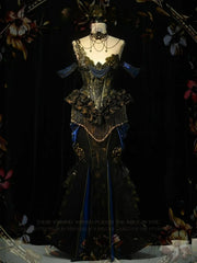 Black and Gold Victorian Goth Mermaid Skirt with Removable Roses Pin and Bead Chain