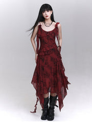 Red Cascading Ruffles Handkerchief Hem Sleeveless Dress