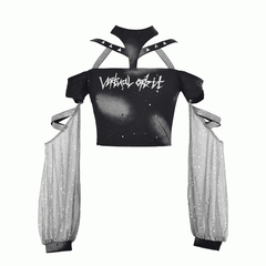 Y3K Fashion Futuristic Black Halter Neck Cyberpunk  Cropped Top with Detachable Sleeves