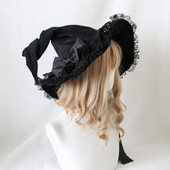 Red / Black Flowers Lace Trim Gothic Velvet Witch Hat