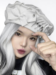 White Goth Metal Fish Bone Bows Beret