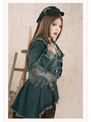 Plus Size Wasteland Punk Y2K Gray-Blue Crop Denim Jacket with Raw Hem