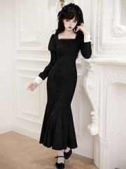 Black Juliette Sleeves Lolita Mermaid Dress with Cross Embroidery Patch Cuffs