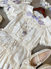 Plus Sizes Available Floral Embroidery Peter Pan Collar Beige Short Sleeves Blouse