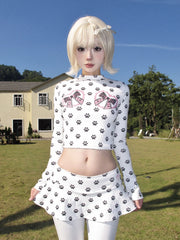 White Paw Bowknot Print Long Sleeve Cropped Top