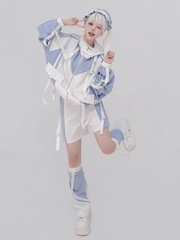 Tenshi Kaiwai Light Blue and White Full Techwear Set: Landmine Snap Jacket, Shorts, Leg Warmers & Hairband