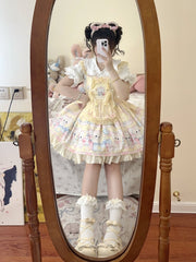 Yellow Kitty and Polka Dots Pattern Print Sweet Lolita Overall Dress