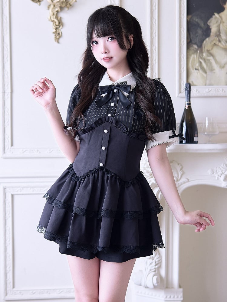 Jirai Kei Black Striped Set- Faux Two-pieces Dress Layered Skirt & Lace Trim and Shorts