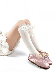 White Lace Trim Lolita Calf Socks with White/Red/Black Bowknots