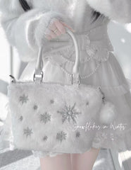 Silver Snowflake Embroidered Plush Tote Bag with Beaded Chain / Rhinestone Chain